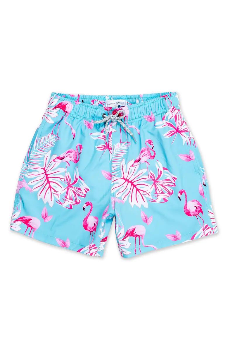 VINTAGE SUMMER Blue Flamingo Palm Print Swim Shorts | Nordstromrack | Nordstrom Rack