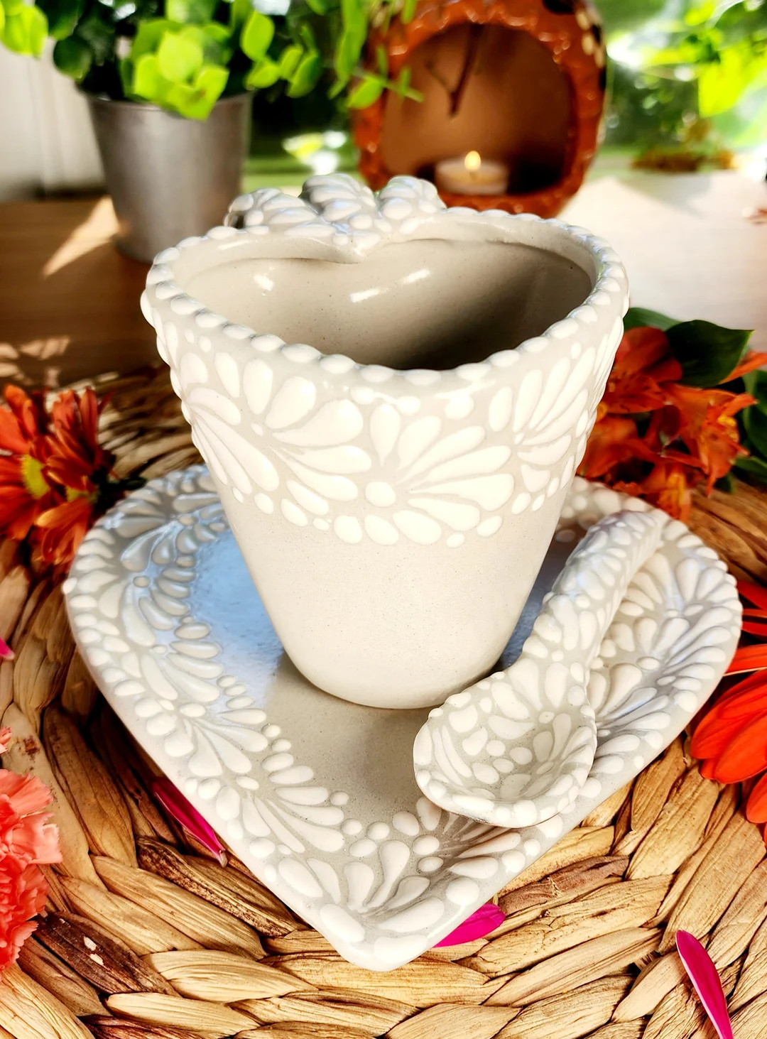 Original Mexican Talavera Heart Coffee Mug Spoon and Plate Set Handmade Handpainted Barro White T... | Etsy (US)