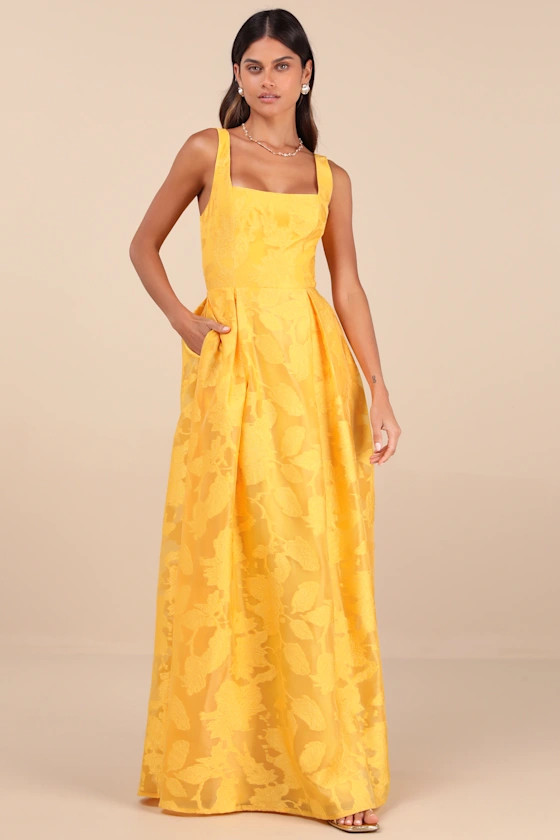 Perfected Aura Yellow Jacquard Tie-Back Maxi Dress with Pockets | Lulus