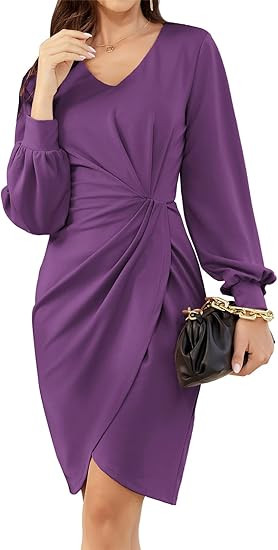 JASAMBAC Women's Long Sleeve V Neck Dress Waist Ruched Tulip Hem Split Mini Cocktail Work Bodycon... | Amazon (US)