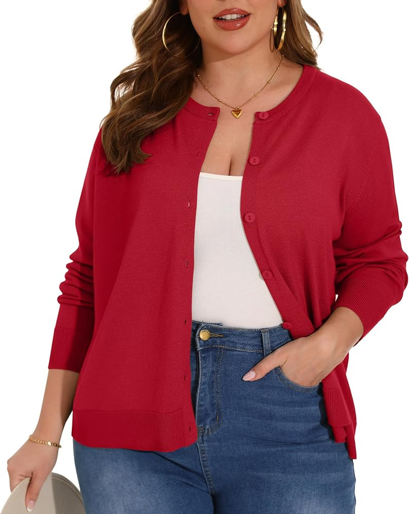 Plus Size Long Sleeve Crewneck Cardigan Classic Fall Knit | Amazon (US)