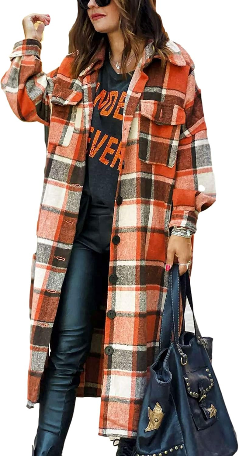 Himosyber Women's Casual Plaid Lapel Woolen Button Up Pocketed Long Shacket Coat | Amazon (US)
