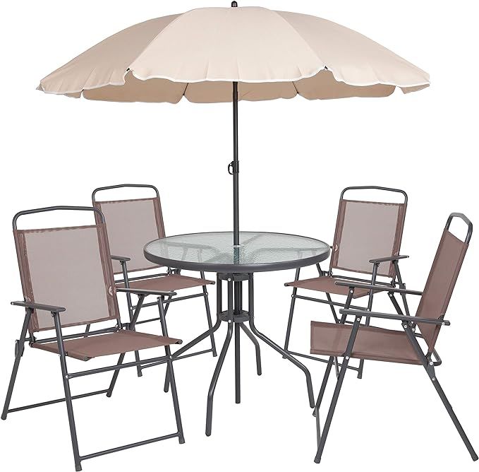 Flash Furniture Nantucket 6 Piece Brown Patio Garden Set with Table, Tan Umbrella and 4 Folding C... | Amazon (US)