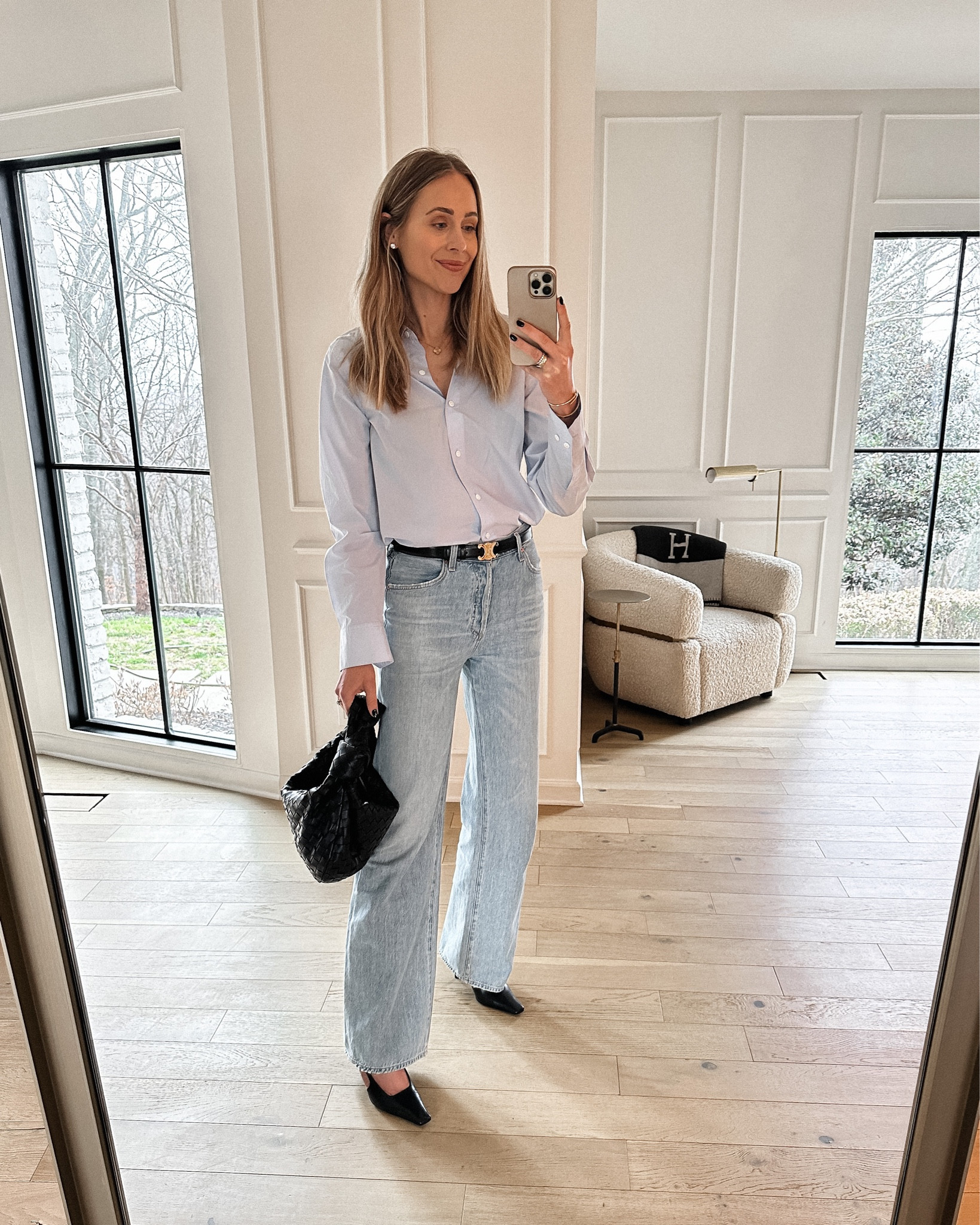 Fashion Jackson wearing blue button up shirt (linked similar), Citizens of humanity wide leg trousers jeans, Gucci slingbacks, bottega handbag, Celine belt #fashionjackson #dailyoutift #businesscasual #workwear  

#LTKshoecrush #LTKunder100 #LTKworkwear