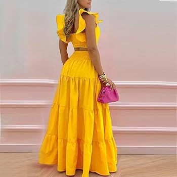 Women's 2 Piece Outfits Fashion Sleeveless Ruffle Strap Crop Tops and Elastic Waist Maxi Skirt Set Casual Dress Set | Amazon (US)