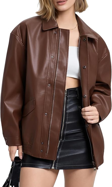 Moreone Womens Oversized Leather Jackets Faux Motorcycle Biker Bomber Zip Up Coats Spring Fashion... | Amazon (US)