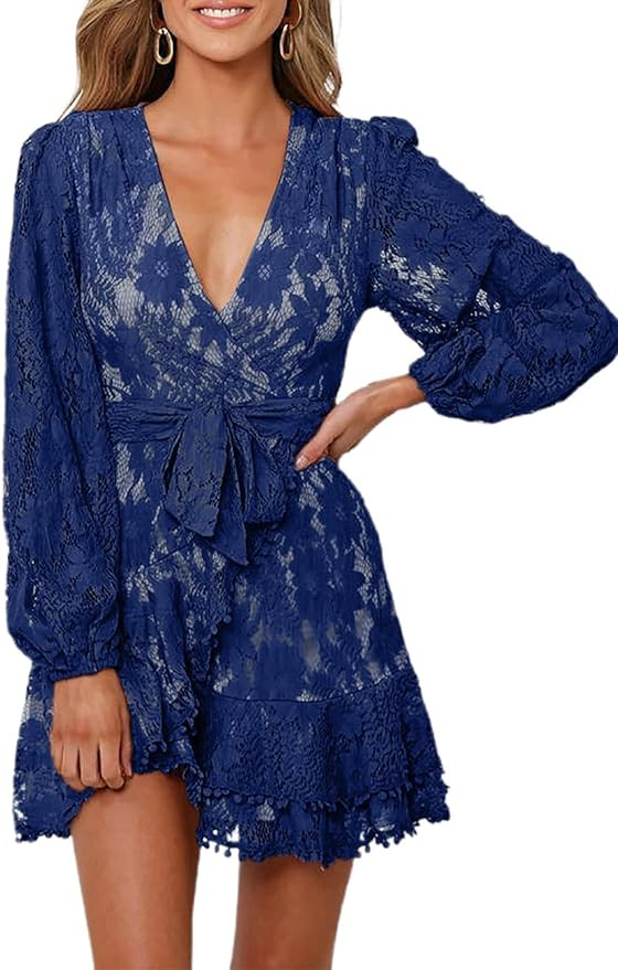 FARYSAYS Womens Lace Wrap Mini Dresses Floral V Neck Ruffle Short Dress with Belt | Amazon (US)
