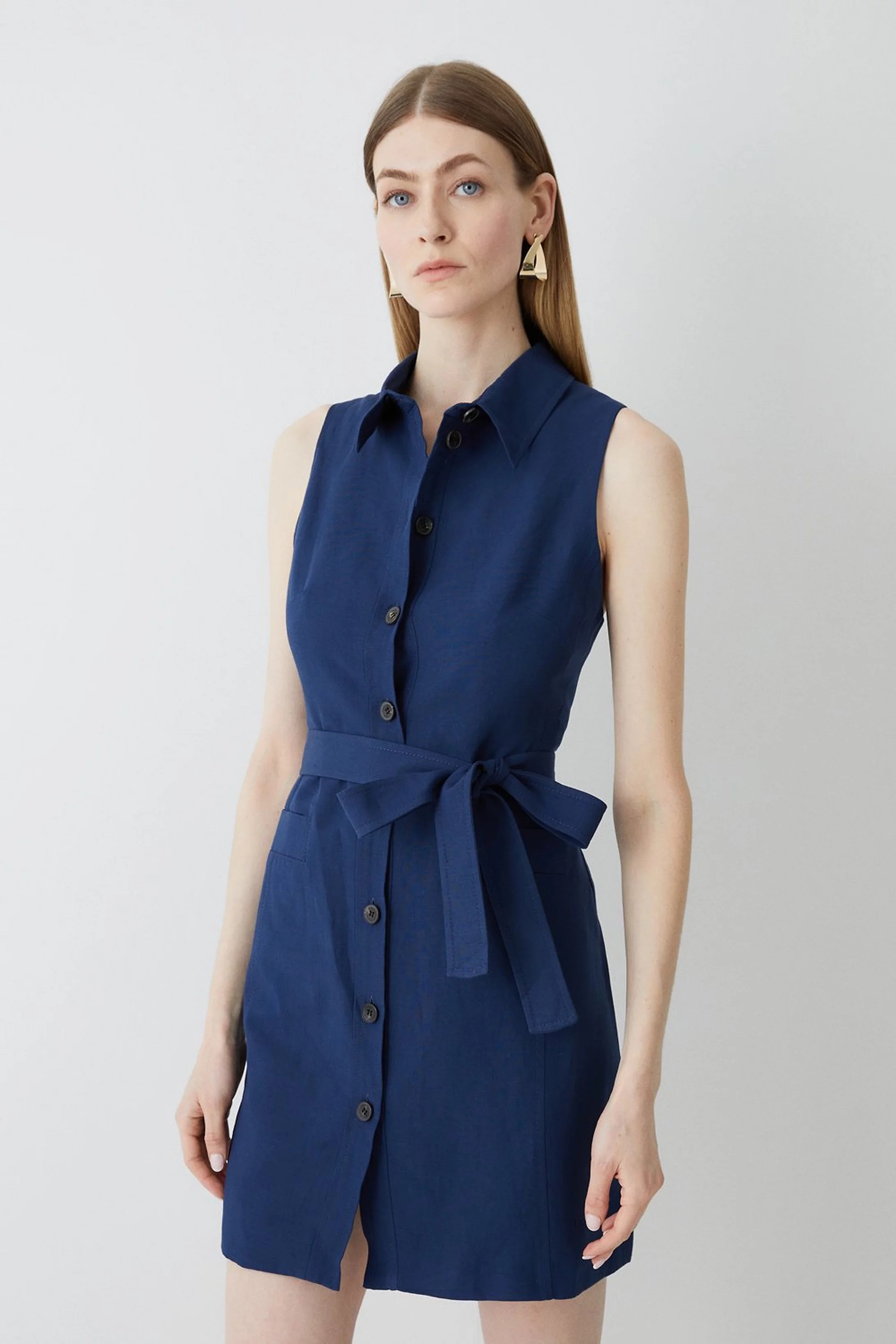 Petite Linen Nautical Button Detail Halter Mini Dress | Karen Millen US