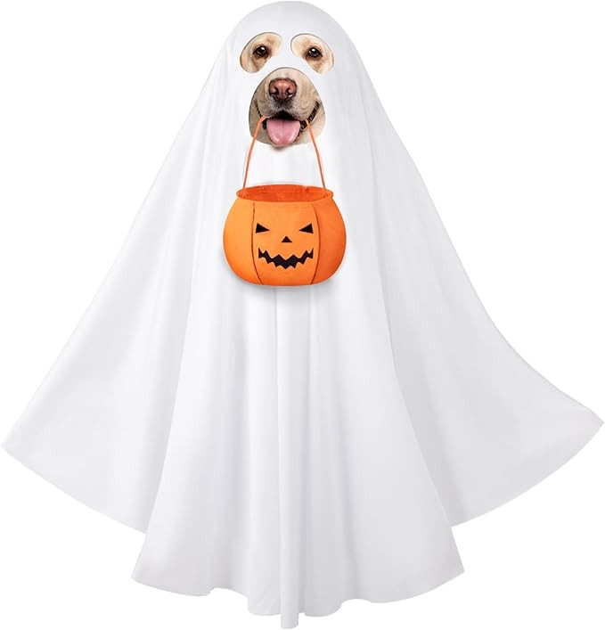Halloween Dog Ghost Costume Set for Large Dogs, White Ghost with Felt Pumpkin Candy Bucket, Dog C... | Amazon (US)