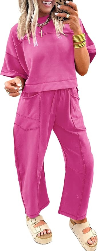 Womens 2 Piece Outfits Casual Lounge Sets Drop Shoulder Boxy Tee and Barrel Pants Set with Pocket... | Amazon (US)
