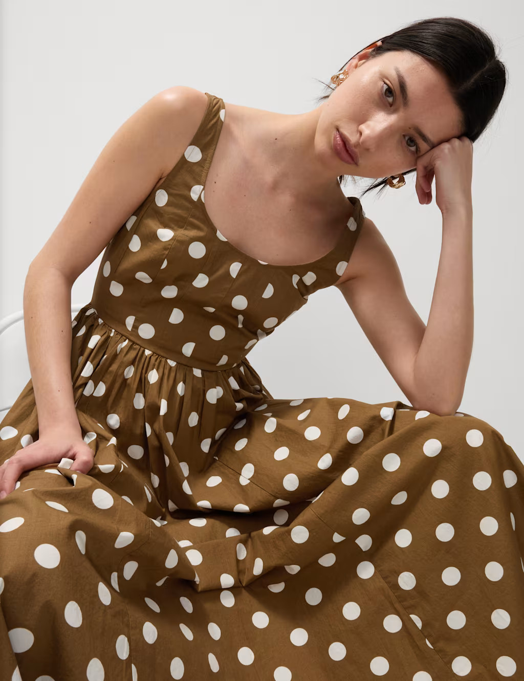 Pure Cotton Polka Dot Scoop Neck Midi Waisted Dress | Marks & Spencer (UK)