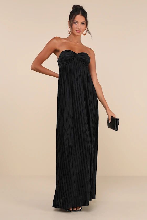 Whimsical Beauty Black Satin Plisse Strapless Maxi Dress | Lulus