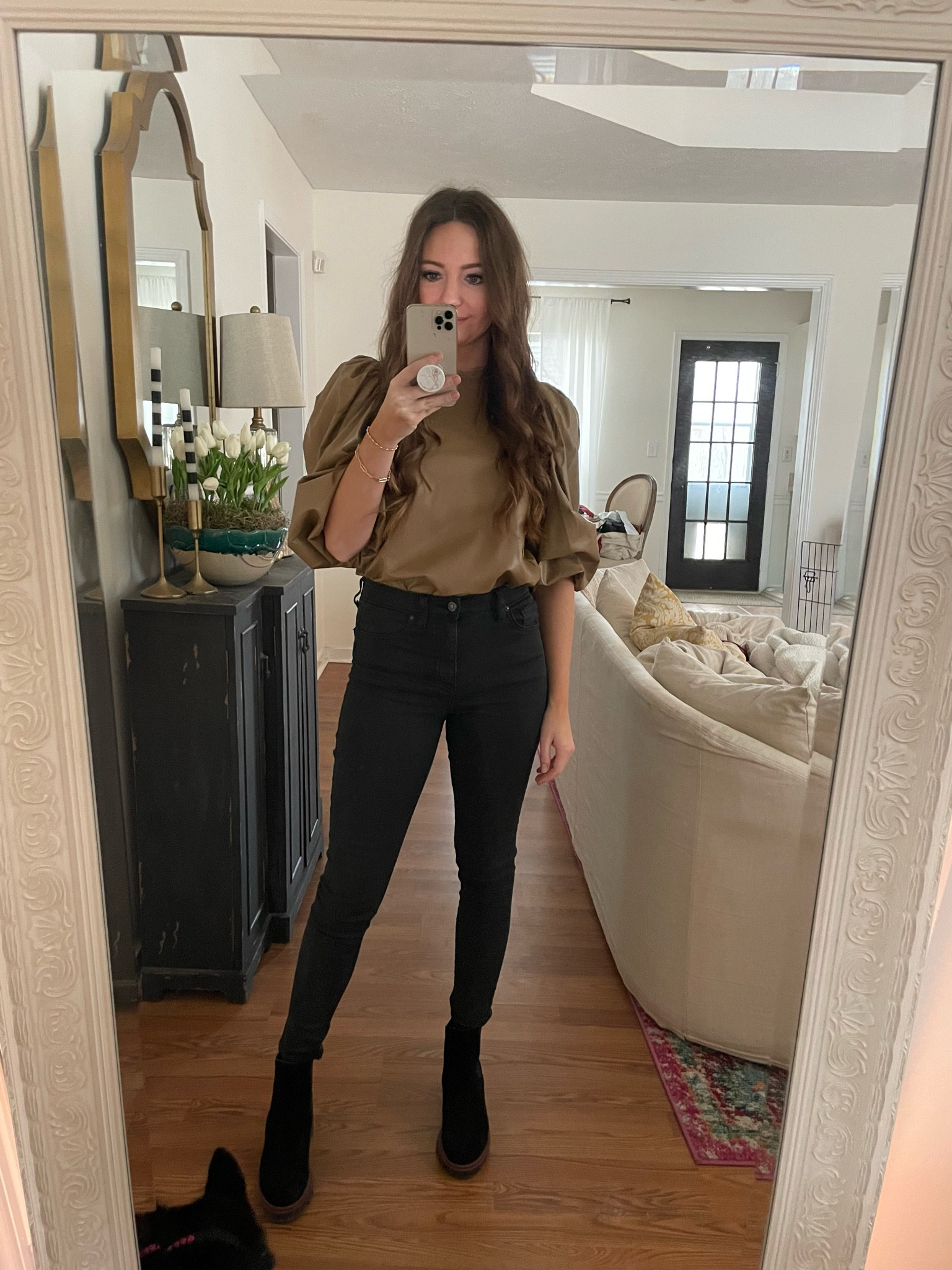 Karlie faux leather puff sleeve top (can’t link). TopShop Jamie jeans. Antonio De Faria boots. Wearing small in top. 