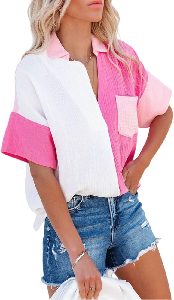 Dokotoo Womens Casual V Neck Short Sleeve Shirts Color Block Back Button Down Blouses Tops | Amazon (US)