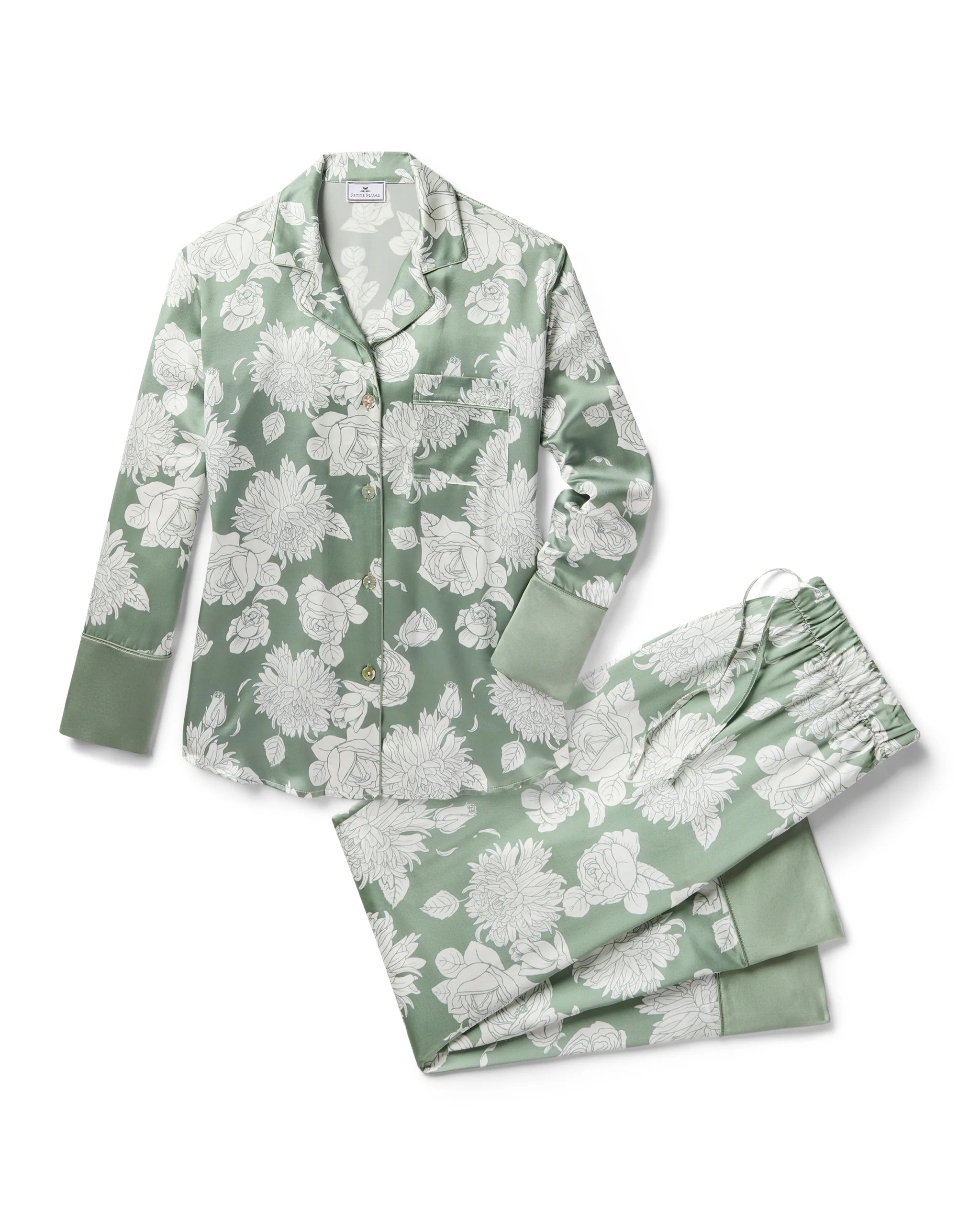Women's Silk Pajama Set in Sage Bloom | Petite Plume