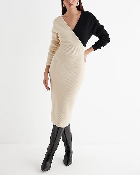 Color Block Ribbed V-neck Surplice Midi Sweater Dress | Express