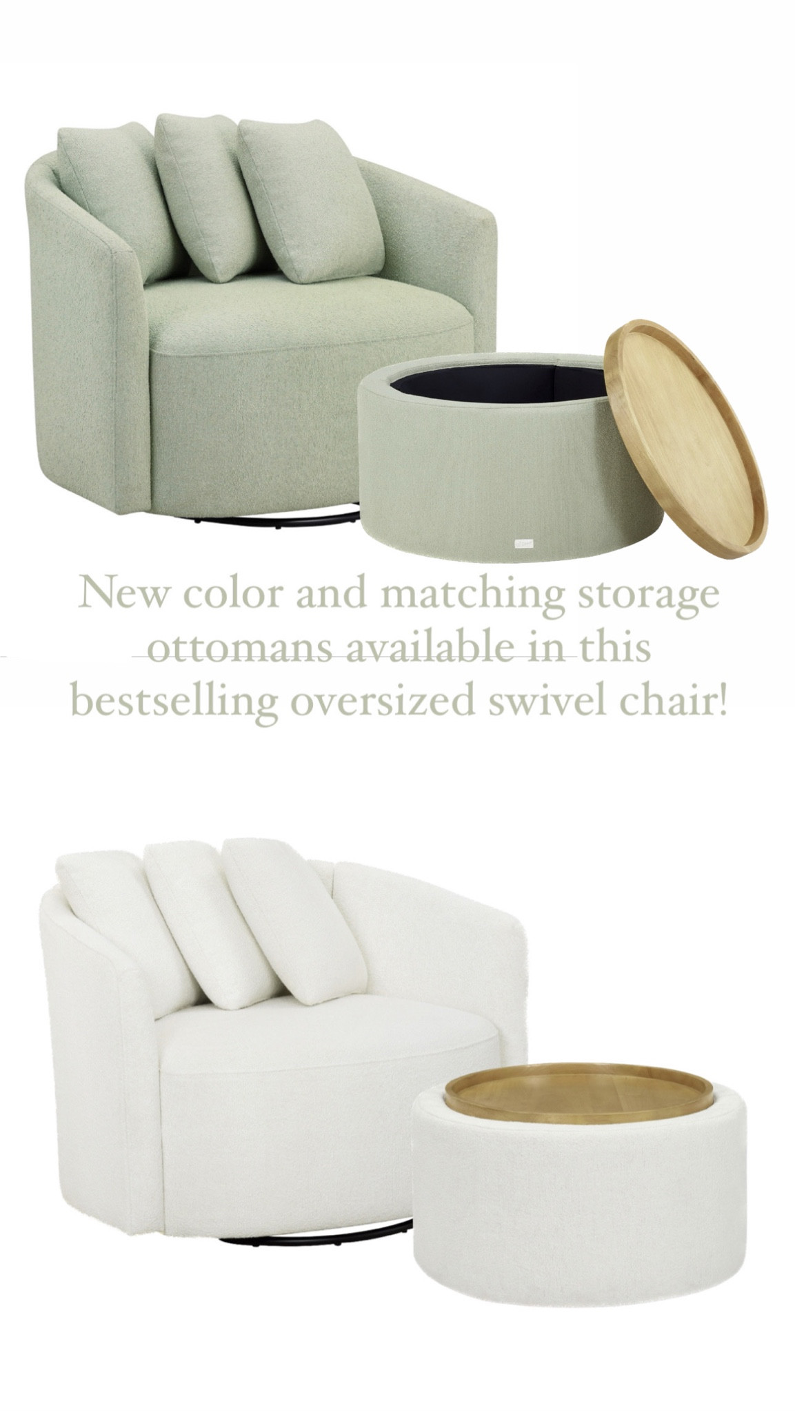 These viral swivel chairs are back in stock! Now they have a new color and matching storage ottomans! Big enough for two people and the pillows are included. Under $300 for the chair and under $200 for the matching storage ottoman.
..........
Beautiful chair, beautiful by drew chair, swivel chair, boucle chair, storage ottoman, wood top ottoman, ottoman coffee table, crate and barrel dupe, west elm dupe, fall home decor, fall decor, fall decorations, fall home trends, trendy chair, teen room chair, game room chair, theater chair, Walmart chair, Walmart drew Barrymore chair, sage chair, green chair, white chair, living room chair, furniture under $300, furniture under $500, playroom chair, comfy chair, oversized chair, big swivel chair 

#LTKhome #LTKfamily #LTKkids