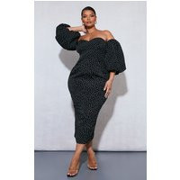 Plus Black Polka Dot Bandeau Puff Sleeve Midi Dress | PrettyLittleThing US