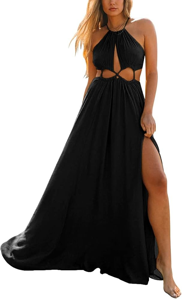 Womens Cutout Halter Sexy Maxi Dress Summer Flowy Tassel Tie Side Slit Long Dresses | Amazon (US)