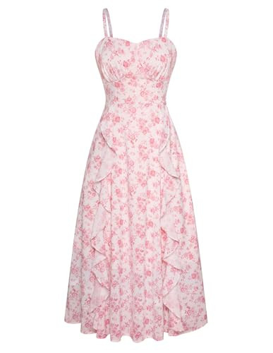 Belle Poque Women's Pink Toile Midi Dress Long Floral Print Ruffle Dresses for Picnic 2XL | Amazon (US)