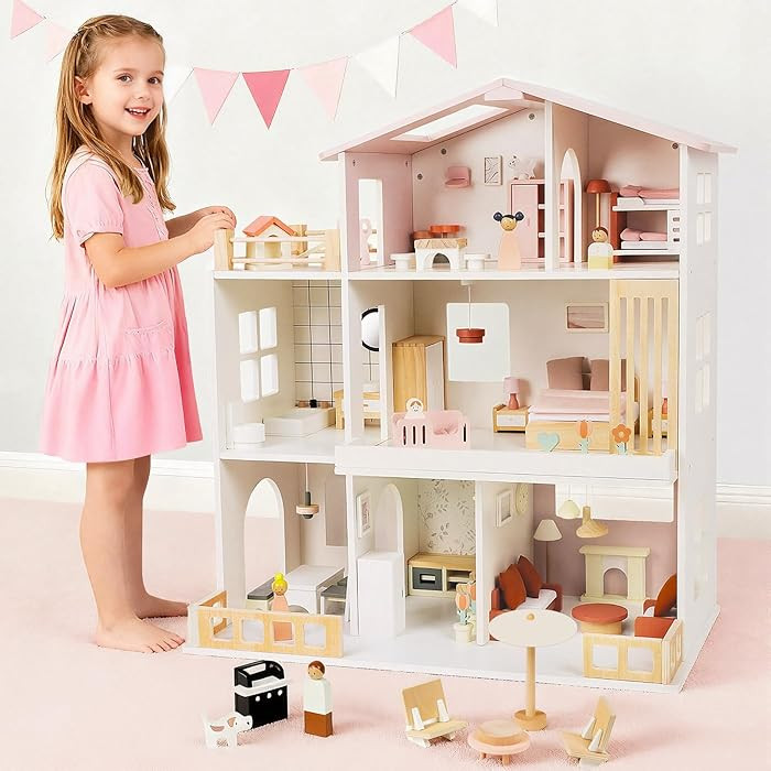 Fabuday Modern Wooden Dollhouse for Kids Girls - 8 Rooms Doll House Playset, DIY Pretend Toy Play... | Amazon (US)
