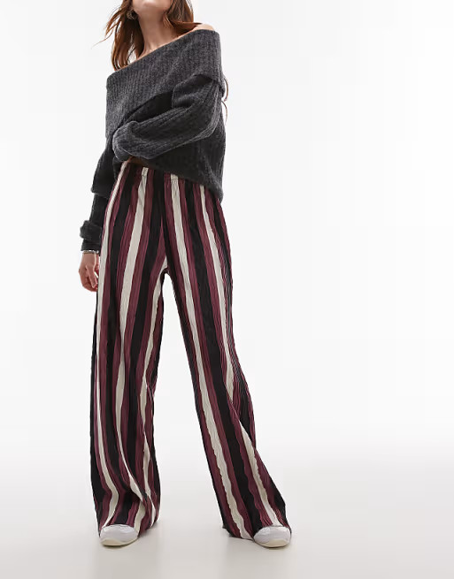 Topshop stripe plisse wide leg trouser in burgundy | ASOS | ASOS (Global)