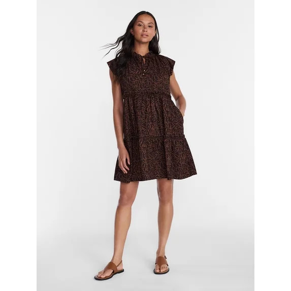 Time and Tru Women's and Women's Plus Tiered Cotton Mini Dress with Flutter Sleeves, Sizes XS-4X | Walmart (US)