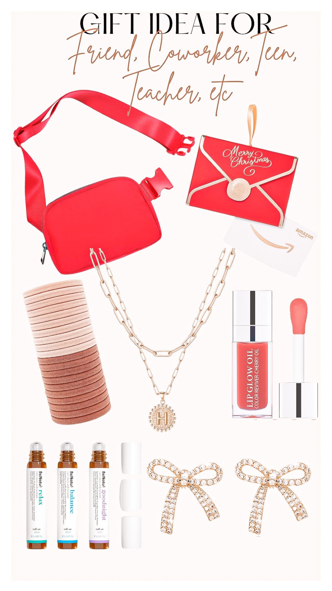 Gift guides-
For teacher, coworker, friend, teen

Wrap a bow over it and make it a Cute and easy gift idea 🎁🎄

Gift gift her , Christmas party, belt bag, Amazon gift card, Amazon gift , hair ties, stocking stuffers, lol gloss, essential oils, bow earrings 

#LTKGiftGuide #LTKHoliday #LTKfindsunder50