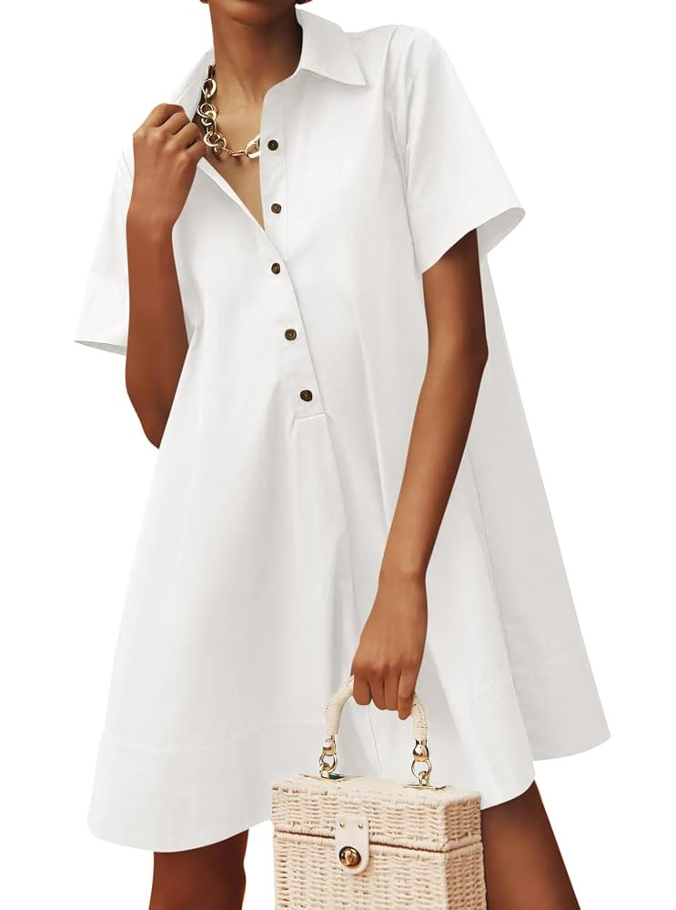 Wenrine Womens Button Down Shirt Dress Oversized Casual Short Sleeve Collared V Neck Summer Mini ... | Amazon (US)