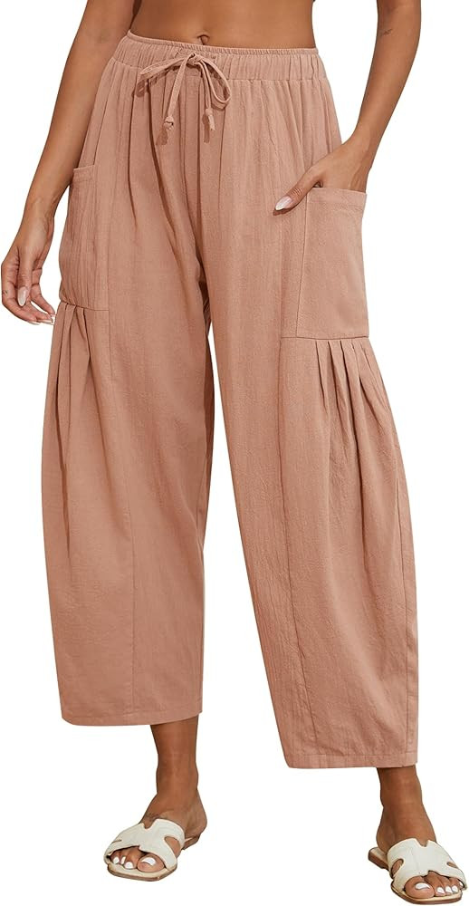 Women Linen Pants Wide Leg Boho Pants Loose Lightweigt Beach Palazzo Harem Pants with Pockets | Amazon (US)