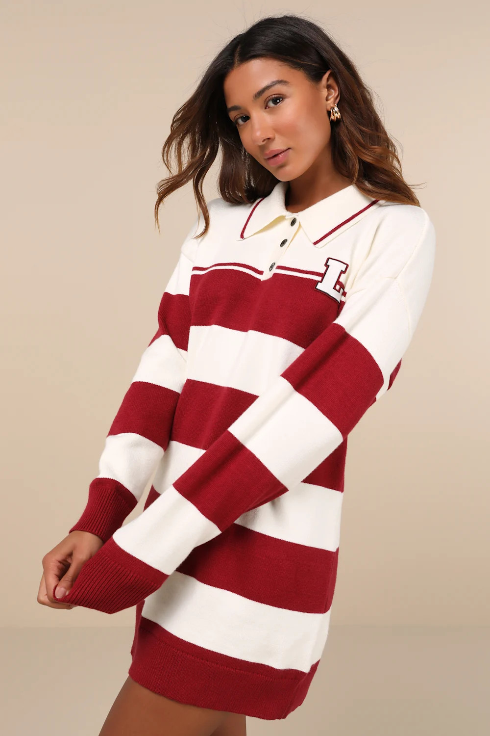 Stellar Cutie Ivory and Red Striped Collared Sweater Mini Dress | Lulus