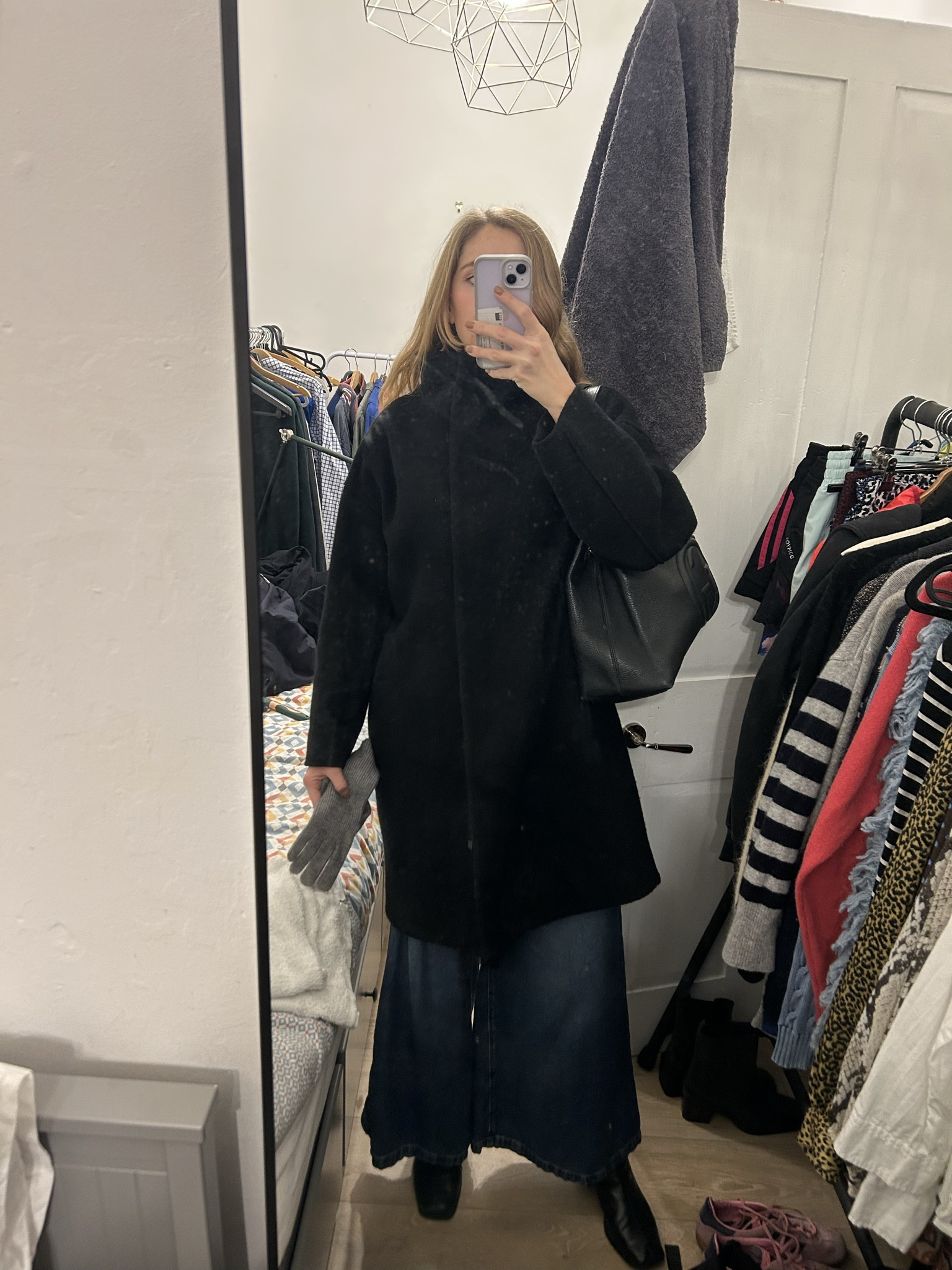 Black wool funnel neck coat, wide leg jeans, black block toe ankle boots, black leather gucci soho disco bag, black leather work bag, grey wool gloves, workwear, winter workwear, office outfit 

 #LTKuk #LTKwinter #LTKworkwear