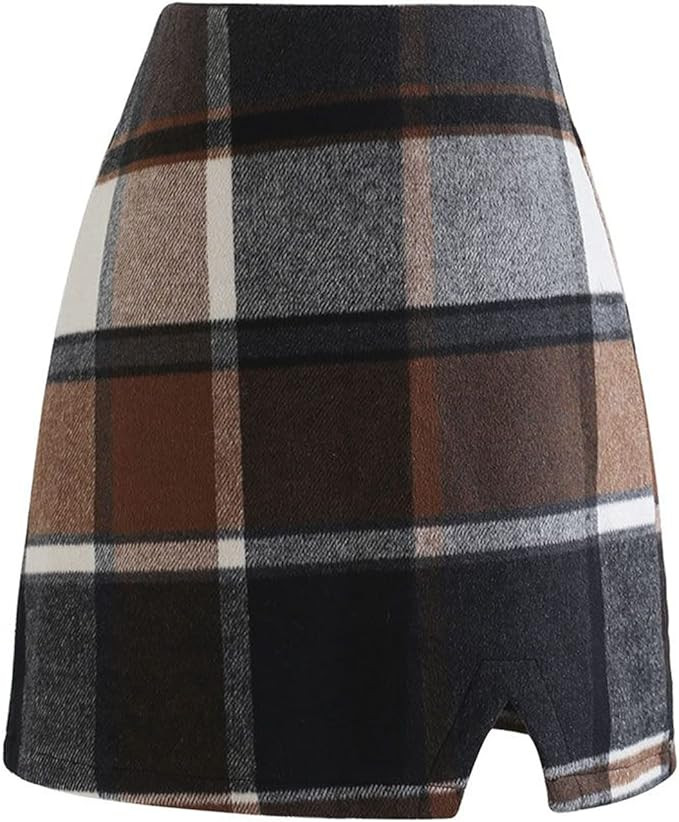 CHICWISH Women's Brown Check/Black/White Grid Wool-Blend Mini Bud Skirt | Amazon (US)