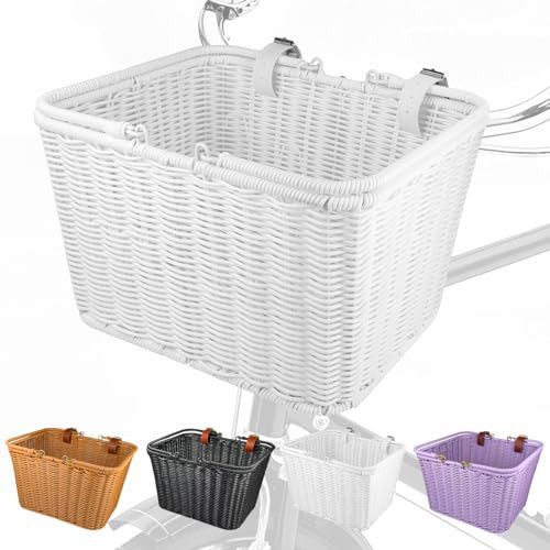 Bike Basket Front,Hand-Woven Bicycle Basket for Adult Bikes with Leather Straps, Easy Detachable,30 * 24 * 19cm (White) | Amazon (US)
