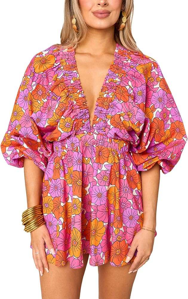 Women Summer Casual Short Tee Romper Deep v Neck Long Puff Sleeve Plaid Playsuit Oversized Jumpsu... | Amazon (US)