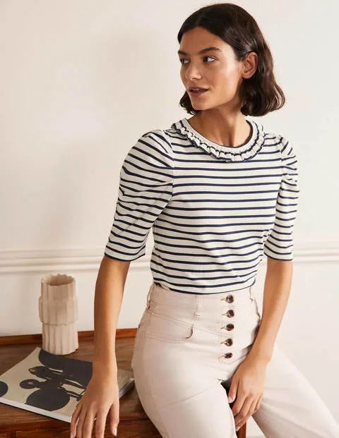 Puff Sleeve Frill Neck T-Shirt Ivory / Navy Stripe Women Boden | Boden (US)