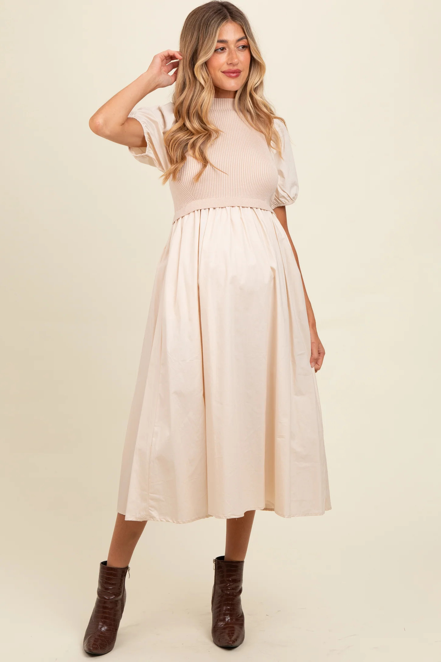 Olive Contrast Knit Bodice Maternity Midi Dress | PinkBlush Maternity