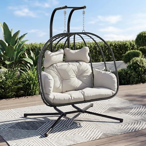 Bifanuo Double Hanging Egg Chair with Stand, Outdoor Indoor Swing Chair with Removable Cushion for 2 Person, Heavy Duty 700LBS Capacity for Patio, Bedroom, Garden (Black-Beige) | Amazon (US)