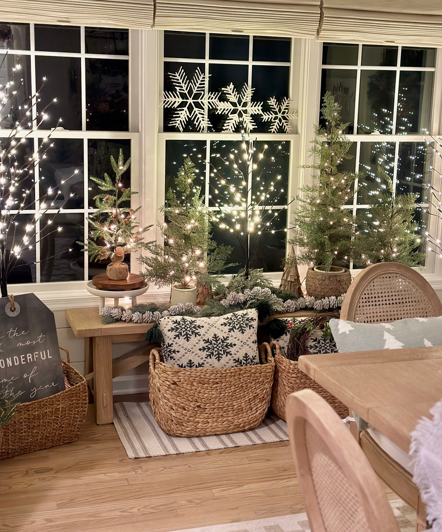 Set of three lighted Christmas  trees, curtain lights, long rustic bench. 

#LTKHoliday #LTKHolidaySale #LTKSeasonal