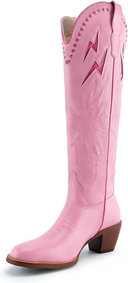 GORBINETI White Bone Lightning Boot for Women Pull on Knee High Cowgirl Cowboy City Boots Mid Chu... | Amazon (US)