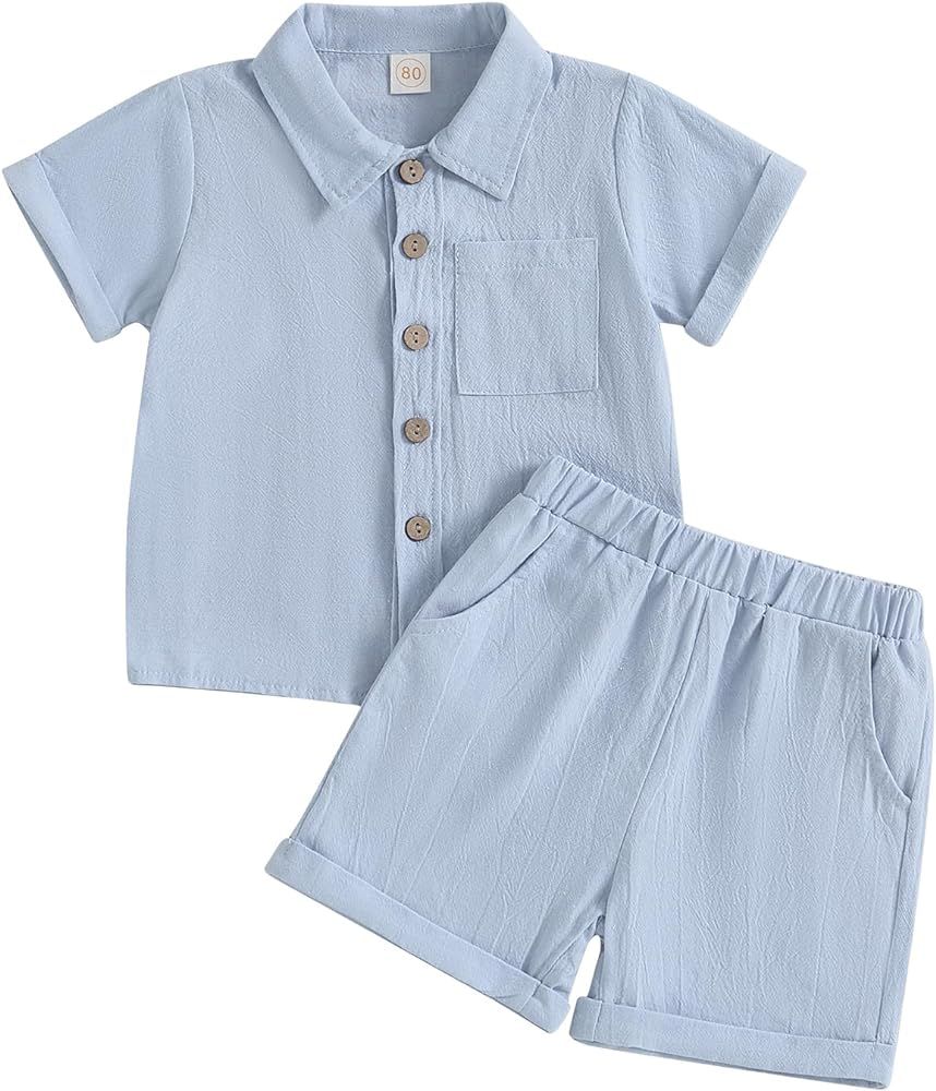 AEEMCEM Toddler Baby Boy Clothes Solid Color Cotton Linen Short Sleeve Button Down Shirt and Shor... | Amazon (US)