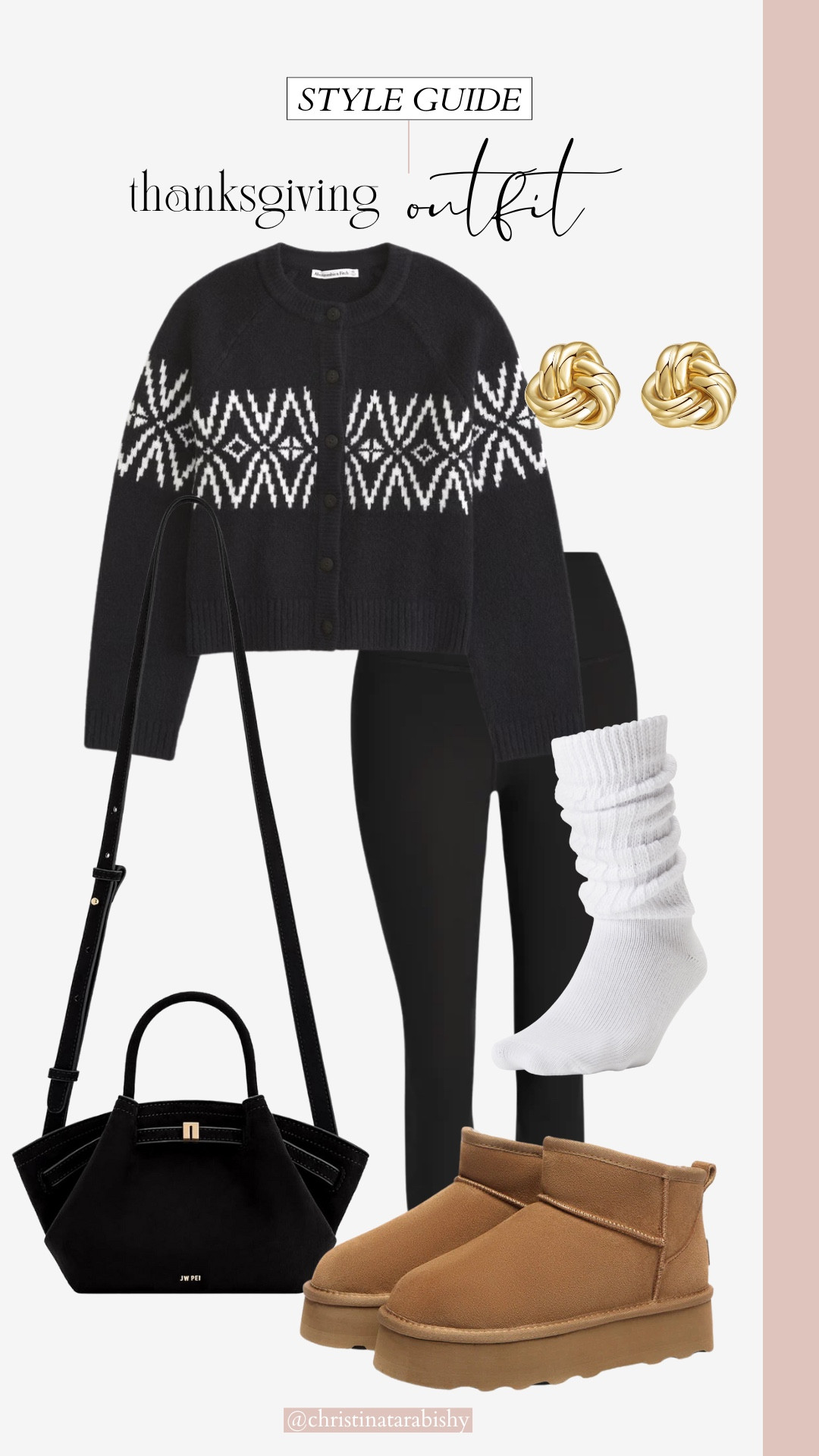 Comfortable Thanksgiving outfit idea. Fair isle sweater, black leggings, platform ugg boots, slouchy socks, black suede bag  

#LTKStyleTip #LTKSeasonal #LTKHoliday