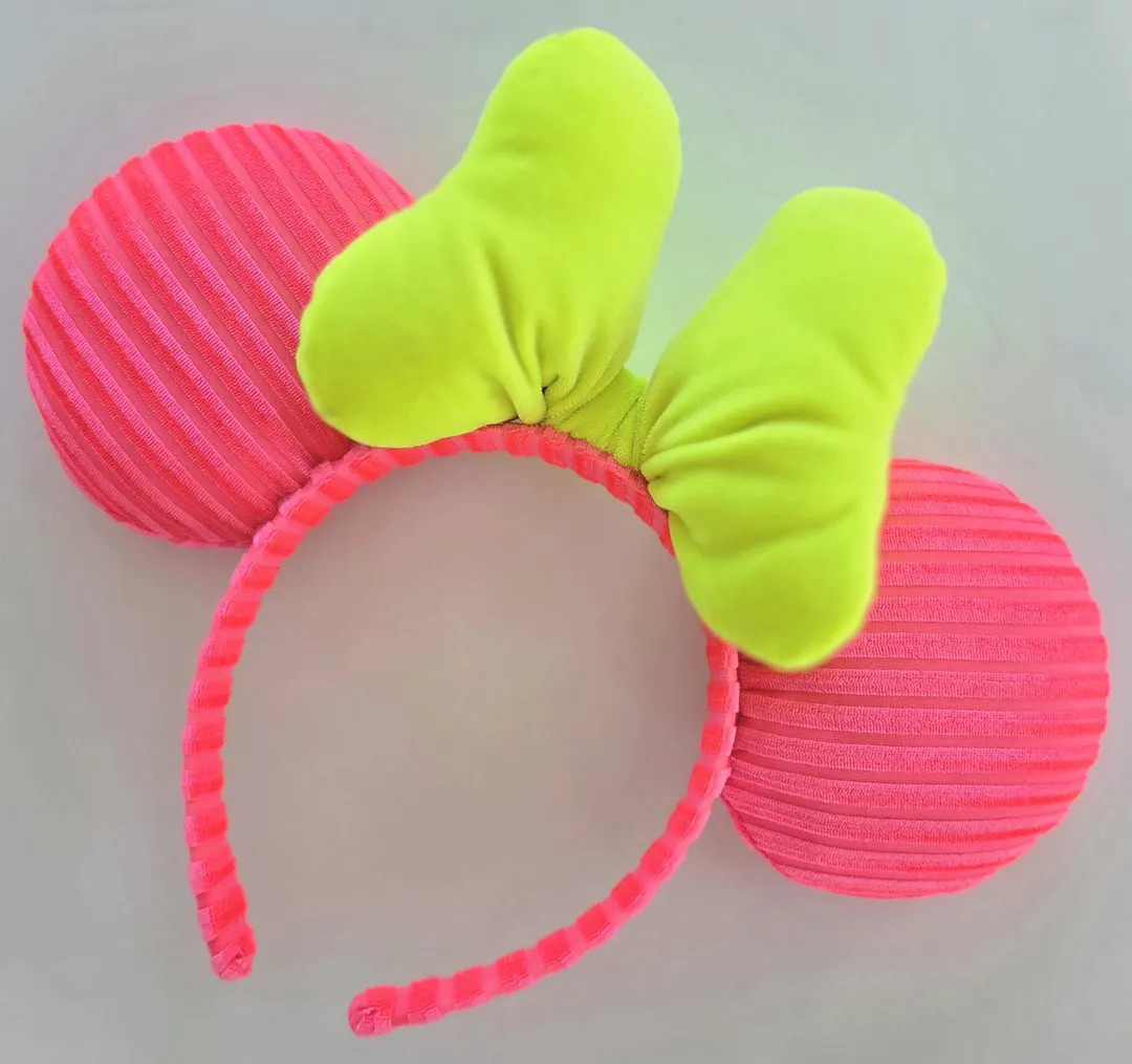 Bright Neon Salmon Pink Ribbed Velvet Mouse Ears with Neon Yellow Velvet Bow | Etsy (US)