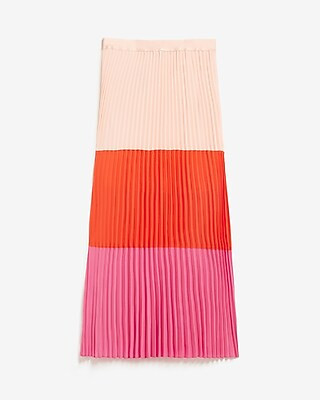 High Waisted Pleated Color Block Midi Skirt | Express