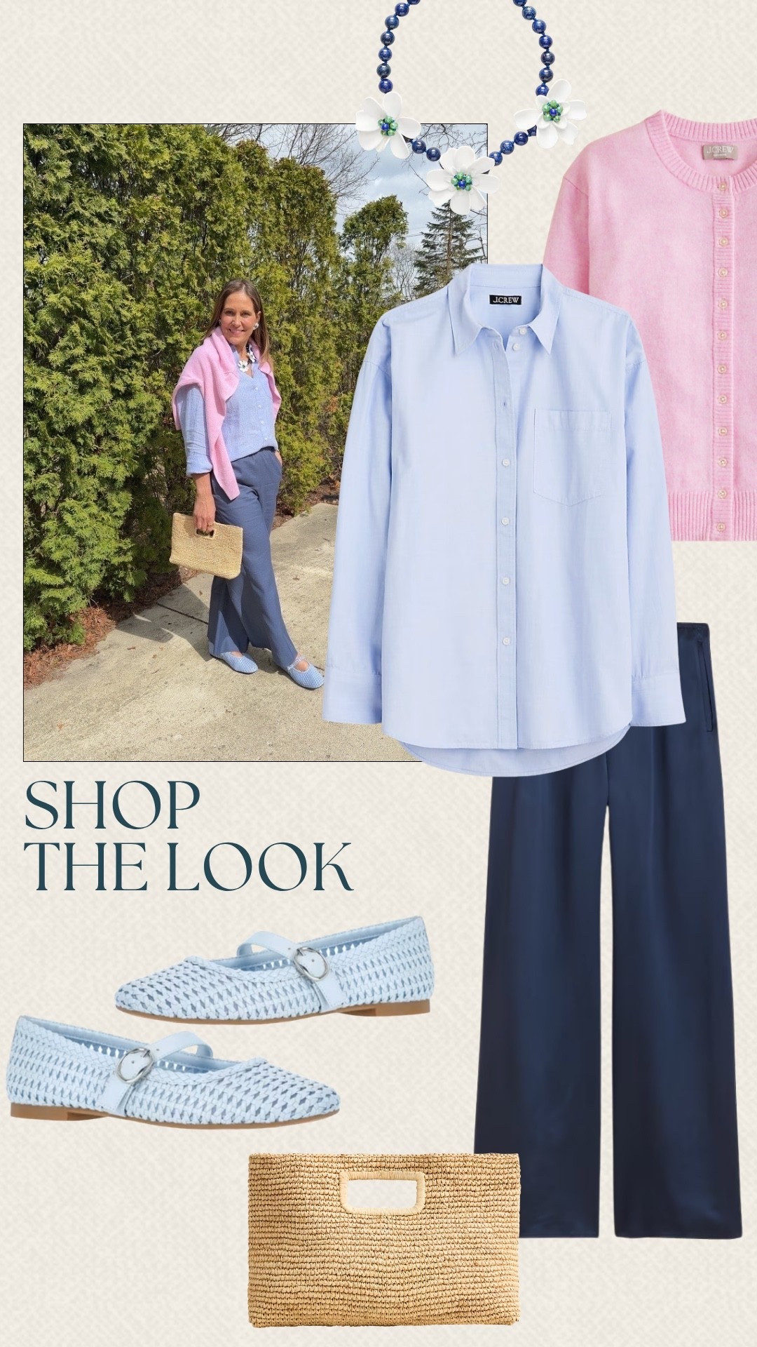 We chose soft blues and a floral necklace from J.Crew for an easy, put-together look. We love how the tailored pieces and feminine details come together so effortlessly. Perfect for brunch, a casual workday, or a weekend out.

#LTKMidsize #LTKOver40 #LTKSeasonal