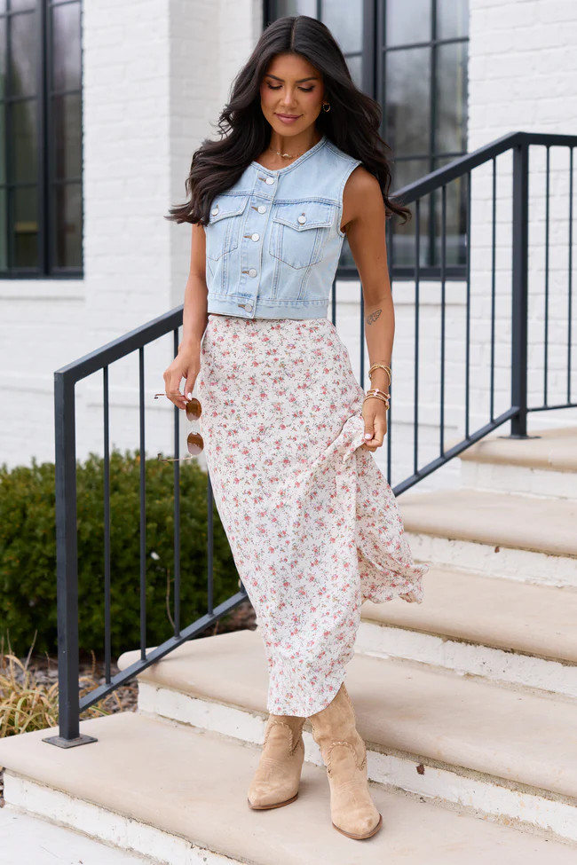 Holland Ivory Floral Maxi Skirt | Pink Lily