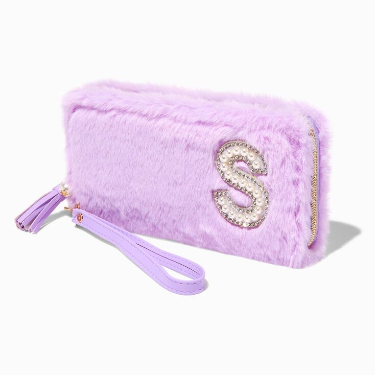 Lavender Furry Pearl Initial Wristlet Wallet - S | Claire's (US)