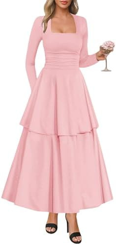 Lazysmile Women's Long Sleeve Fall Dresses Square Neck Ruched Waist Ruffle Hem Flowy Elegant Mode... | Amazon (US)