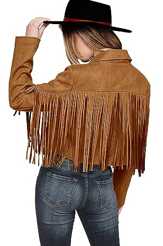 PRETTYGARDEN Women's Fringe Faux Suede Leather Jackets Fall Fashion 2025 Tassel Motorcycle Cropped Coats (Brown Yellow,Medium) | Amazon (US)