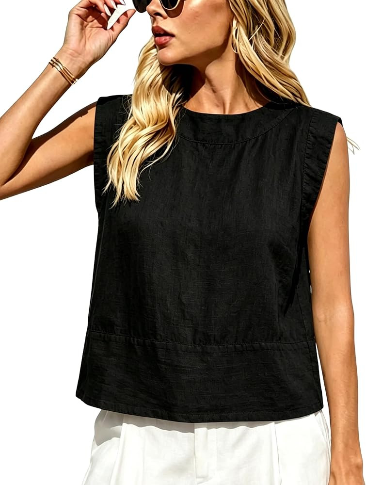 Xiaoxuemeng Womens Cotton Linen Tank Tops Loose Back Half Button Crewneck Vest Sleeveless Summer ... | Amazon (US)